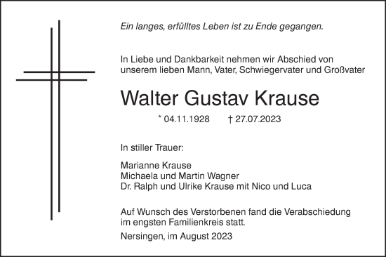 Traueranzeige von Walter Gustav Krause von SÜDWEST PRESSE Ausgabe Ulm/Neu-Ulm