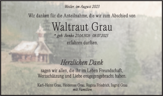 Traueranzeige von Waltraut Grau von Haller Tagblatt