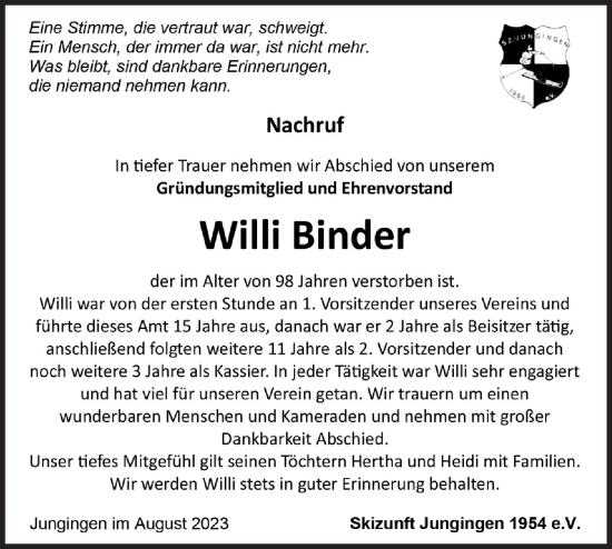 Traueranzeige von Willi Binder von Hohenzollerische Zeitung