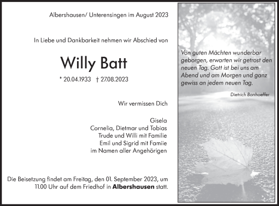 Traueranzeige von Willy Batt von NWZ Neue Württembergische Zeitung