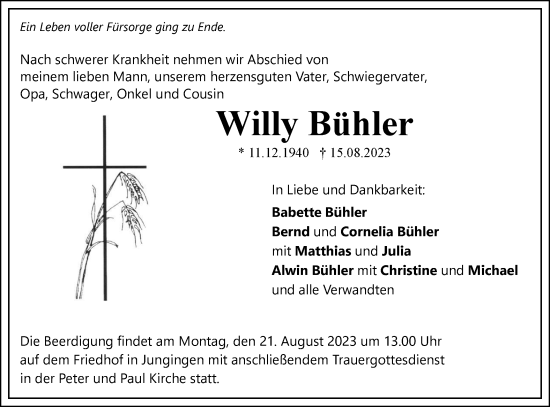 Traueranzeige von Willy Bühler von SÜDWEST PRESSE Ausgabe Ulm/Neu-Ulm