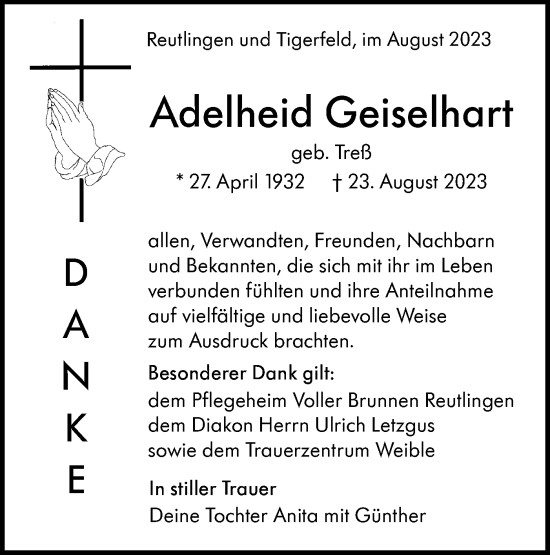 Traueranzeige von Adelheid Geiselhart von Alb-Bote/Metzinger-Uracher Volksblatt