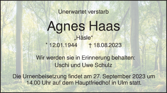 Traueranzeige von Agnes Haas von SÜDWEST PRESSE Ausgabe Ulm/Neu-Ulm