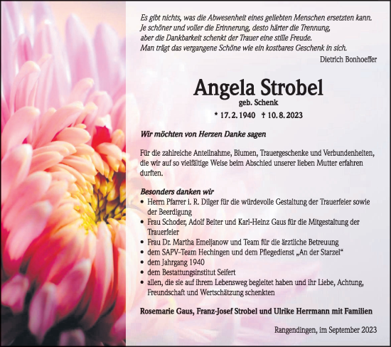 Traueranzeige von Angela Strobel von Hohenzollerische Zeitung