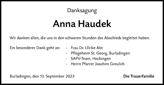 Traueranzeige von Anna Haudek von Hohenzollerische Zeitung