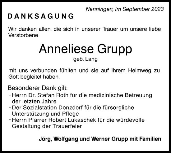 Traueranzeige von Anneliese Grupp von NWZ Neue Württembergische Zeitung/Geislinger Zeitung