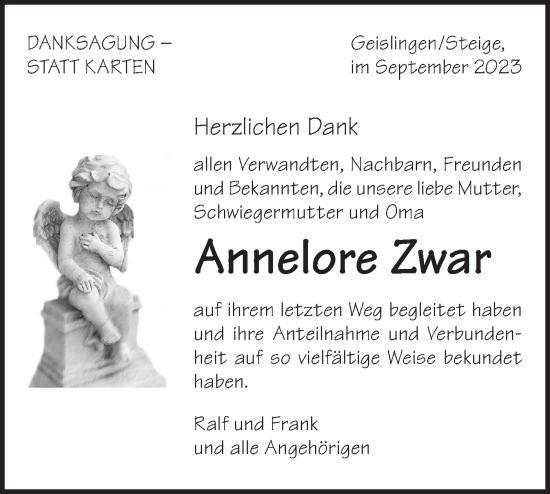 Traueranzeige von Annelore Zwar von Geislinger Zeitung