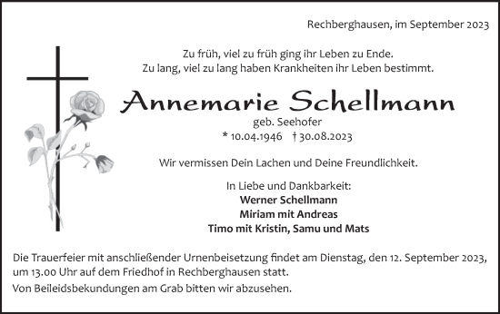 Traueranzeige von Annemarie Schellmann von NWZ Neue Württembergische Zeitung