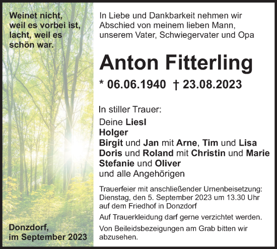 Traueranzeige von Anton Fitterling von NWZ Neue Württembergische Zeitung