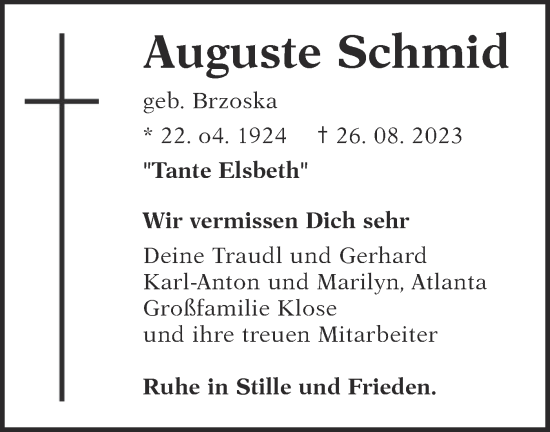 Traueranzeige von Auguste Schmid von Alb-Bote/Metzinger-Uracher Volksblatt