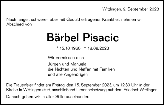 Traueranzeige von Bärbel Pisacic von Alb-Bote/Metzinger-Uracher Volksblatt