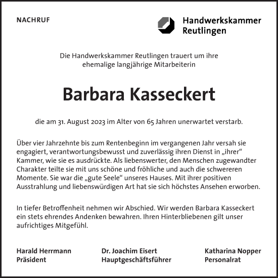 Traueranzeige von Barbara Kasseckert von SÜDWEST PRESSE/SÜDWEST PRESSE