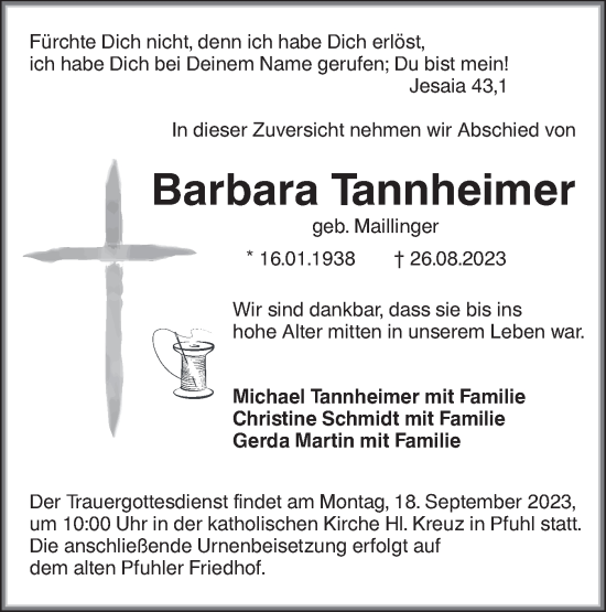 Traueranzeige von Barbara Tannheimer von SÜDWEST PRESSE Ausgabe Ulm/Neu-Ulm