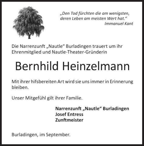 Traueranzeige von Bernhild Heinzelmann von Hohenzollerische Zeitung