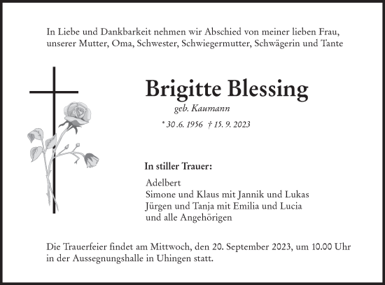 Traueranzeige von Brigitte Blessing von NWZ Neue Württembergische Zeitung