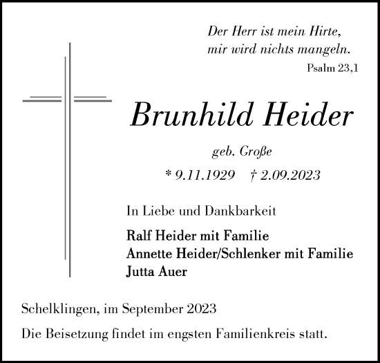 Traueranzeige von Brunhild Heider von Ehinger Tagblatt