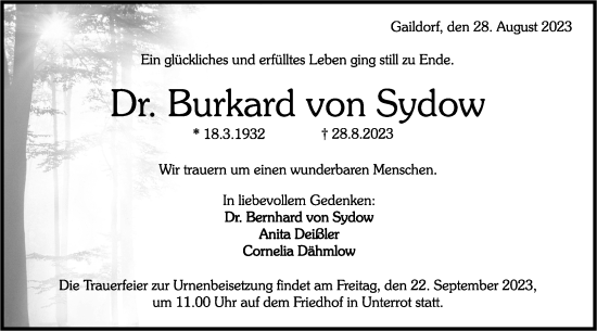 Traueranzeige von Burkard von Sydow von Haller Tagblatt