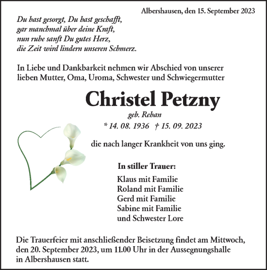 Traueranzeige von Christel Petzny von NWZ Neue Württembergische Zeitung