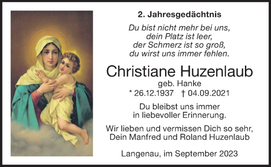 Traueranzeige von Christiane Huzenlaub von SÜDWEST PRESSE Ausgabe Ulm/Neu-Ulm