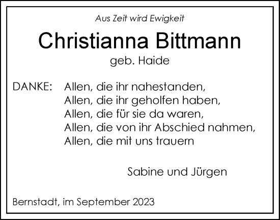 Traueranzeige von Christianna Bittmann von SÜDWEST PRESSE Ausgabe Ulm/Neu-Ulm