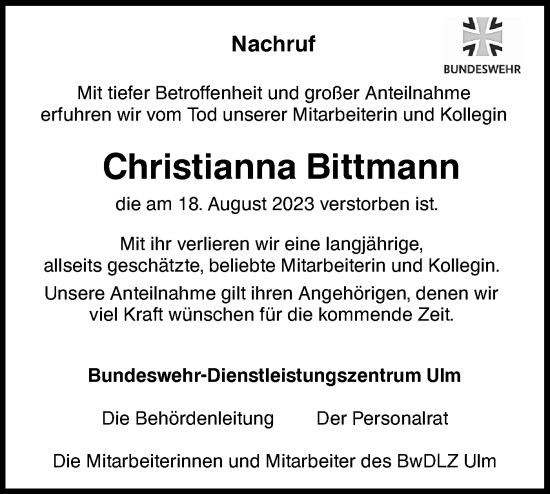 Traueranzeige von Christianna Bittmann von SÜDWEST PRESSE Ausgabe Ulm/Neu-Ulm