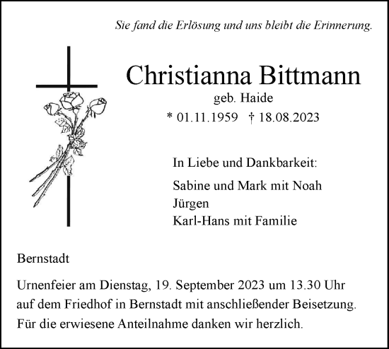 Traueranzeige von Christianna Bittmann von SÜDWEST PRESSE Ausgabe Ulm/Neu-Ulm