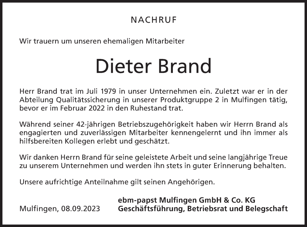  Traueranzeige für Dieter Brand vom 08.09.2023 aus Hohenloher Tagblatt