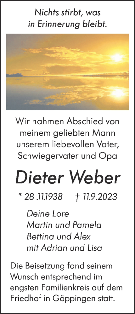 Traueranzeige von Dieter Weber von NWZ Neue Württembergische Zeitung