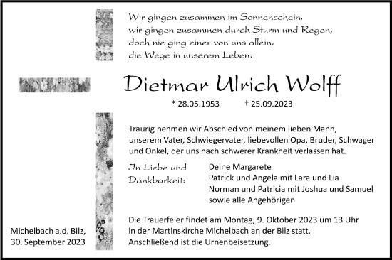 Traueranzeige von Dietmar Ulrich Wolff von Haller Tagblatt