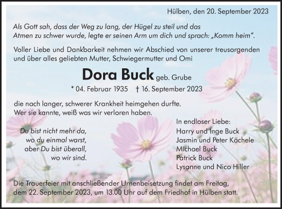 Traueranzeige von Dora Buck von SÜDWEST PRESSE/SÜDWEST PRESSE