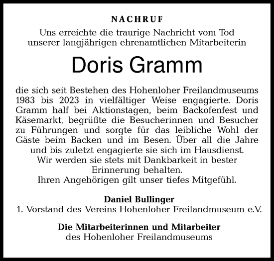 Traueranzeige von Doris Gramm von Haller Tagblatt