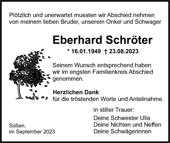 Traueranzeige von Eberhard Schröter von NWZ Neue Württembergische Zeitung