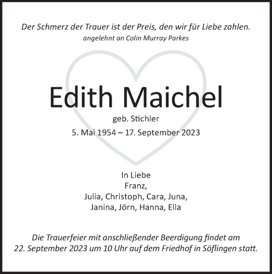 Traueranzeige von Edith Maichel von SÜDWEST PRESSE Ausgabe Ulm/Neu-Ulm