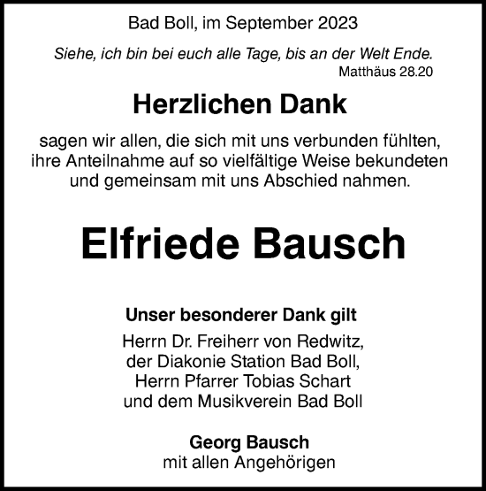 Traueranzeige von Elfriede Bausch von NWZ Neue Württembergische Zeitung