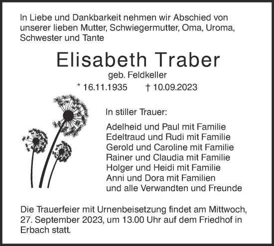 Traueranzeige von Elisabeth Traber von SÜDWEST PRESSE Ausgabe Ulm/Neu-Ulm