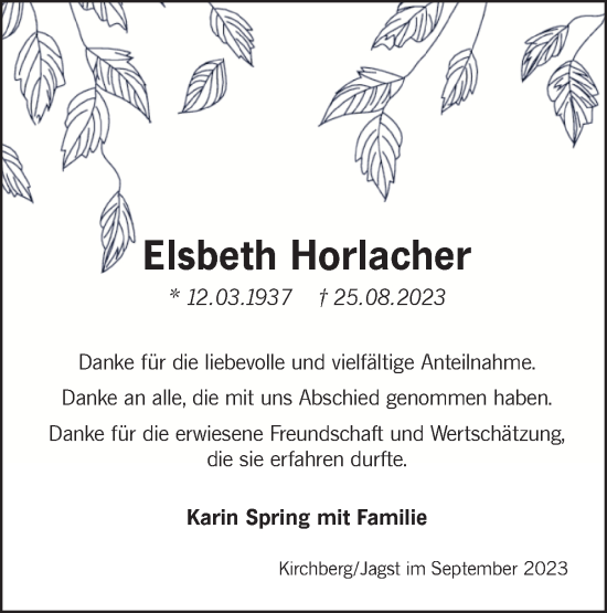 Traueranzeige von Elsbeth Horlacher von Hohenloher Tagblatt