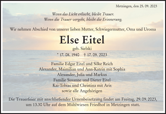 Traueranzeige von Else Eitel von Alb-Bote/Metzinger-Uracher Volksblatt
