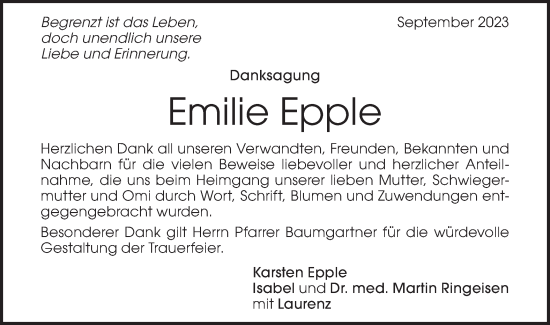 Traueranzeige von Emilie Epple von Geislinger Zeitung