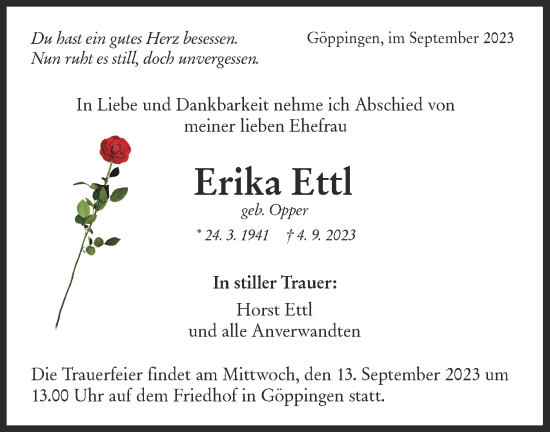 Traueranzeige von Erika Ettl von NWZ Neue Württembergische Zeitung