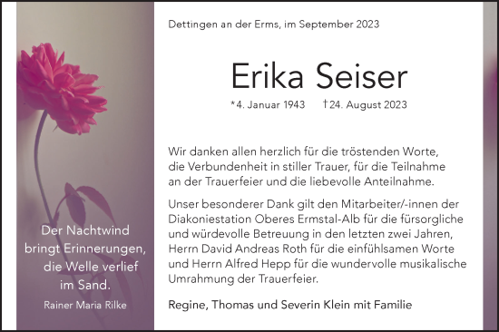 Traueranzeige von Erika Seiser von SÜDWEST PRESSE/SÜDWEST PRESSE