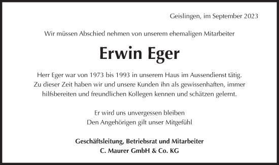 Traueranzeige von Erwin Eger von Geislinger Zeitung