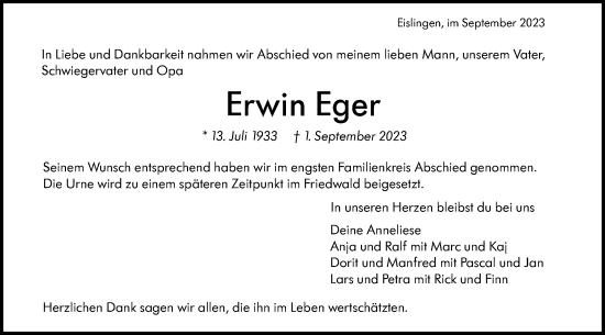 Traueranzeige von Erwin Eger von NWZ Neue Württembergische Zeitung