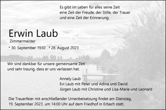 Traueranzeige von Erwin Laub von SÜDWEST PRESSE Ausgabe Ulm/Neu-Ulm