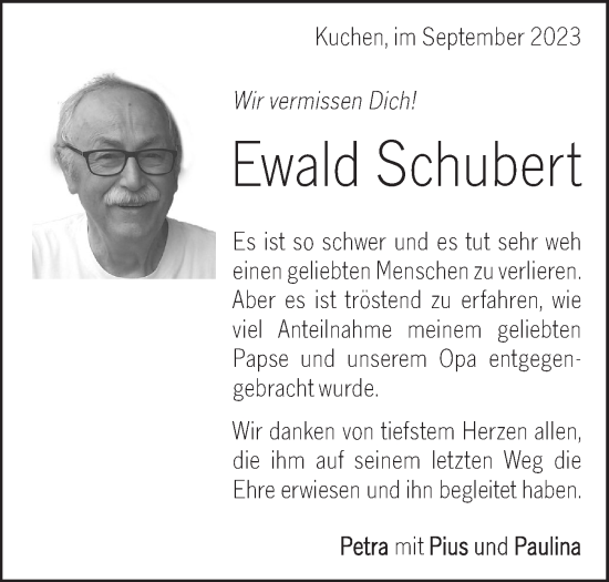 Traueranzeige von Ewald Schubert von Geislinger Zeitung