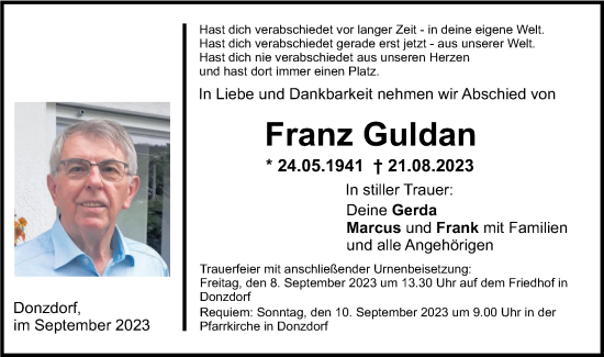 Traueranzeige von Franz Guldan von NWZ Neue Württembergische Zeitung