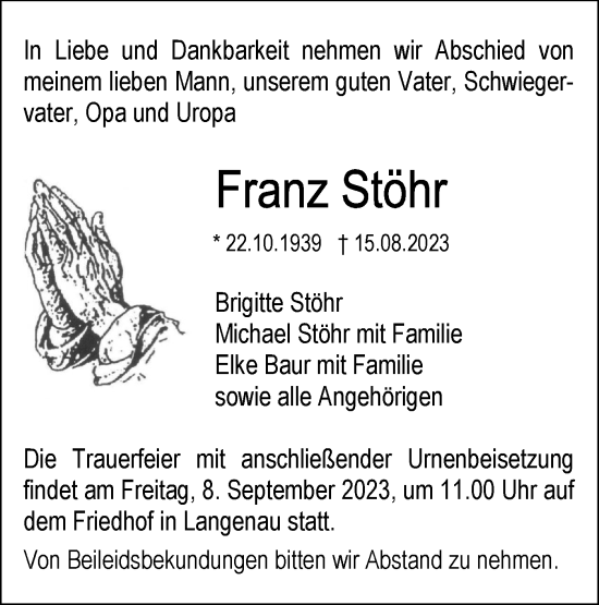 Traueranzeige von Franz Stöhr von SÜDWEST PRESSE Ausgabe Ulm/Neu-Ulm