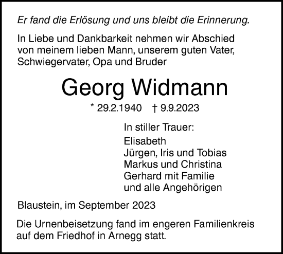 Traueranzeige von Georg Widmann von SÜDWEST PRESSE Ausgabe Ulm/Neu-Ulm