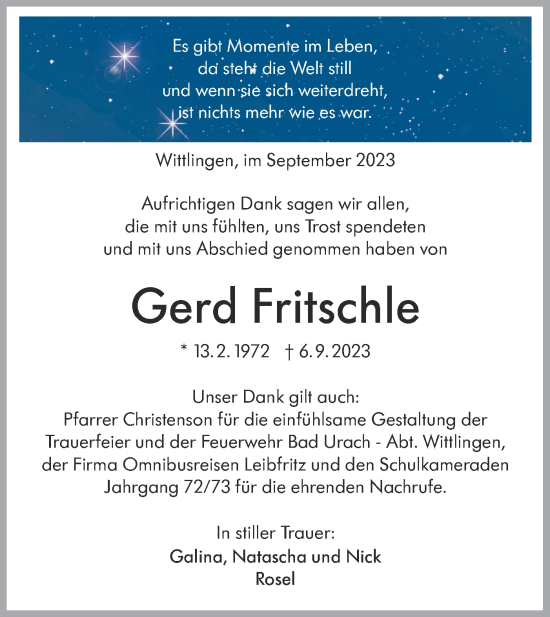 Traueranzeige von Gerd Fritschle von SÜDWEST PRESSE/SÜDWEST PRESSE