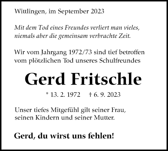 Traueranzeige von Gerd Fritschle von Alb-Bote/Metzinger-Uracher Volksblatt