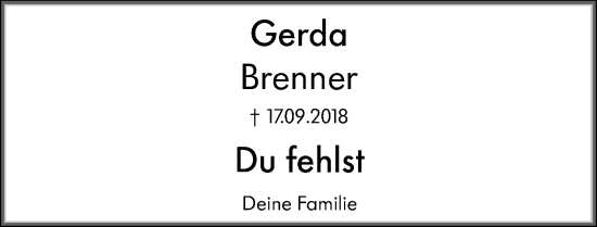 Traueranzeige von Gerda Brenner von SÜDWEST PRESSE Ausgabe Ulm/Neu-Ulm